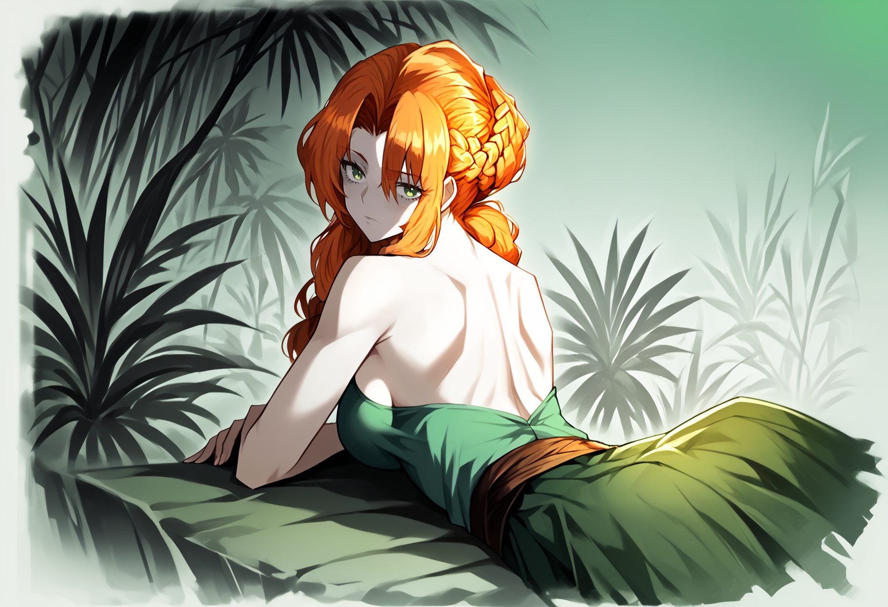 score_9, score_7_up,  source_anime, uncensored, zPDXLxxx, vector trace, flat color, minimalist, limited palette, high contrast,  <lora:intricate_details:0.5> intricate_details_xl, <lora:ProjectMoon_Style_v1.1:1.3> PM Style, exotic, fruit background, cropped shoulders, back focus, jungle, evening
1girl, solo, li, large breasts, orange hair, braided bangs, hair between eyes, hair slicked back, big hair, dark green eyes, looking at viewer, suspender skirt, on stomach, questioning,
