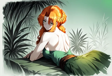 score_9, score_7_up, source_anime, uncensored, zPDXLxxx, vector trace, flat color, minimalist, limited palette, high contrast, <lora:intricate_details:0.5> intricate_details_xl, <lora:ProjectMoon_Style_v1.1:1.3> PM Style, exotic, fruit background, cropped shoulders, back focus, jungle, evening
1girl, solo, li, large breasts, orange hair, braided bangs, hair between eyes, hair slicked back, big hair, dark green eyes, looking at viewer, suspender skirt, on stomach, questioning,