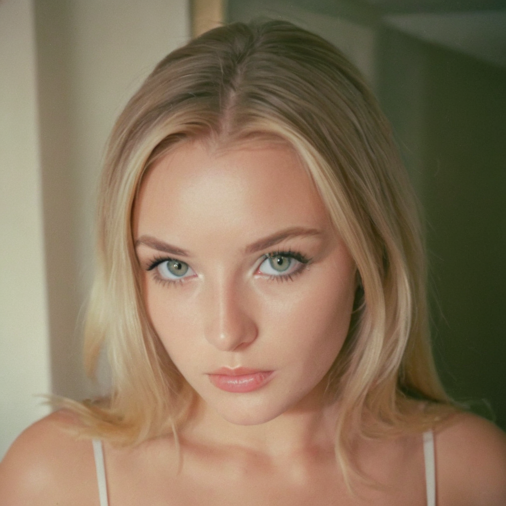 analog film photo (EuroBabe, Eastern, blonde, green eyes, indoors, makeup) . faded film, desaturated, 35mm photo, grainy, vignette, vintage, Kodachrome, Lomography, stained, highly detailed, found footage