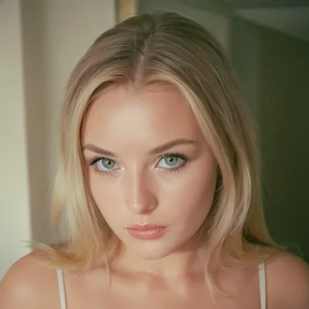 analog film photo (EuroBabe, Eastern, blonde, green eyes, indoors, makeup) . faded film, desaturated, 35mm photo, grainy, vignette, vintage, Kodachrome, Lomography, stained, highly detailed, found footage