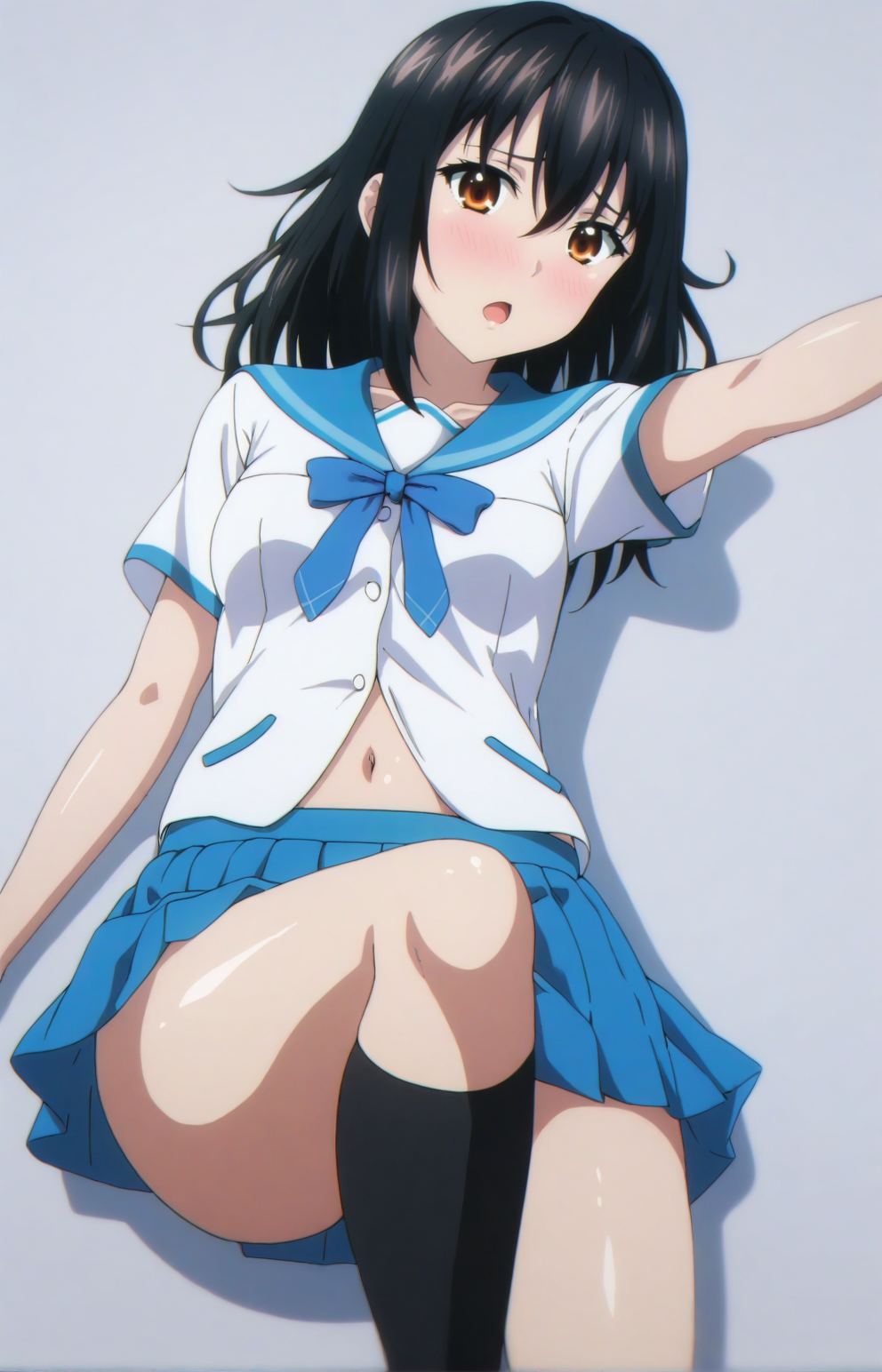 masterpiece, best quality, HYukinaV4XL, 1girl, solo, embarassed, skirt, school uniform, pleated skirt, blue skirt, socks, looking at viewer, kneehighs, white shirt, collarbone, black socks, white background, navel, simple background, shirt, shiny, shiny hair, shiny skin, lying, short sleeves, blue bow, bow, open mouth, on back, miniskirt, outstretched arm, sailor collar, serafuku, blush, bowtie, blue bowtie, blue sailor collar, from above, <lora:HYukinaV4XL-SDXL-EP10:1>