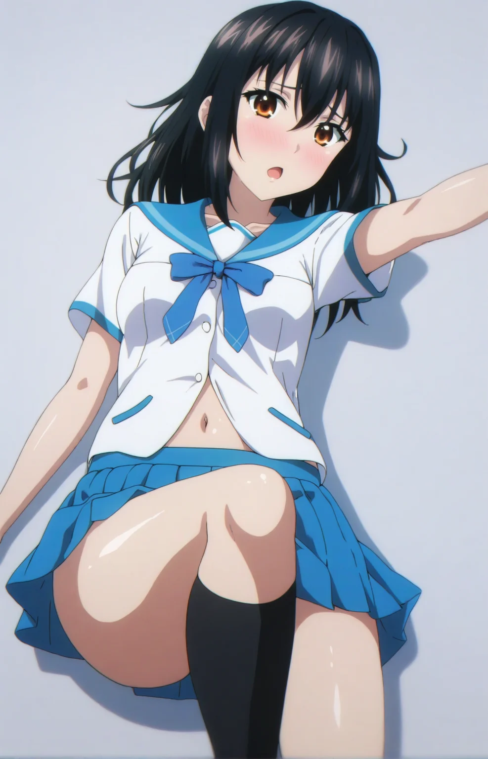 masterpiece, best quality, HYukinaV4XL, 1girl, solo, embarassed, skirt, school uniform, pleated skirt, blue skirt, socks, looking at viewer, kneehighs, white shirt, collarbone, black socks, white background, navel, simple background, shirt, shiny, shiny hair, shiny skin, lying, short sleeves, blue bow, bow, open mouth, on back, miniskirt, outstretched arm, sailor collar, serafuku, blush, bowtie, blue bowtie, blue sailor collar, from above, <lora:HYukinaV4XL-SDXL-EP10:1>