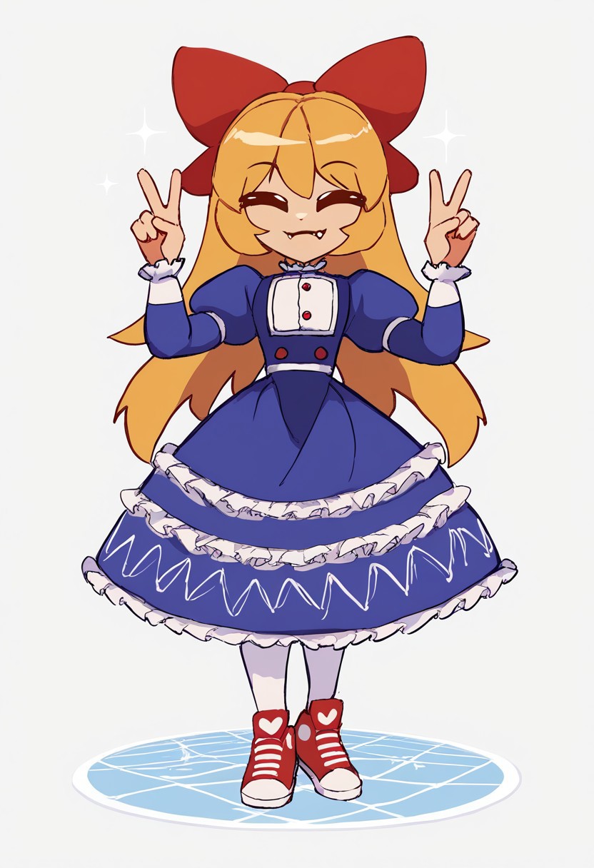SmoothQualityPony, Epips,
illustration showing Tipsy,
1girl, yellow eyes, blonde hair, long hair, bangs, red hairbow, :3, fang, closed mouth,
white bodice, buttons, blue dress, white embroidery, frills, puffy sleeves, white pantyhose, red sneakers,
full body, standing, v pose