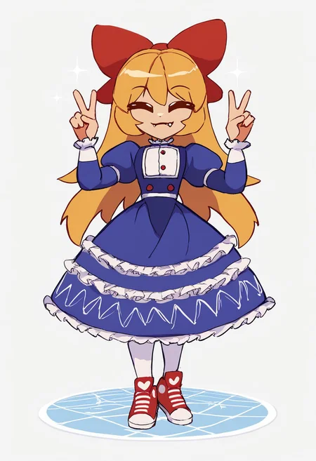 SmoothQualityPony, Epips,
illustration showing Tipsy,
1girl, yellow eyes, blonde hair, long hair, bangs, red hairbow, :3, fang, closed mouth,
white bodice, buttons, blue dress, white embroidery, frills, puffy sleeves, white pantyhose, red sneakers,
full body, standing, v pose