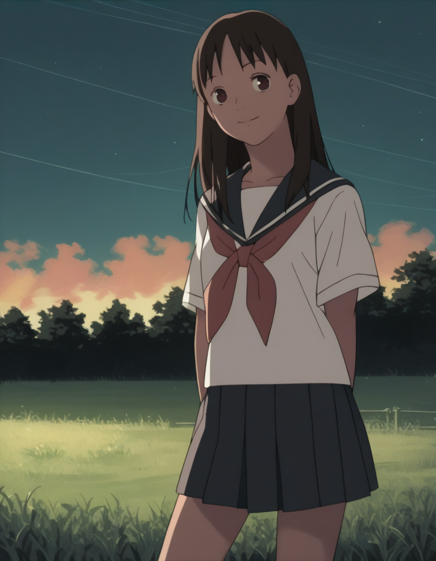 score_9,  score_8_up, score_7_up, source_anime, <lora:izumi-maho-koyuki-ponyxl:1> ishiguroizumi, serafuku,
1girl, solo, cowboy shot, grass, looking at viewer, smile, night, outdoors, sky, standing