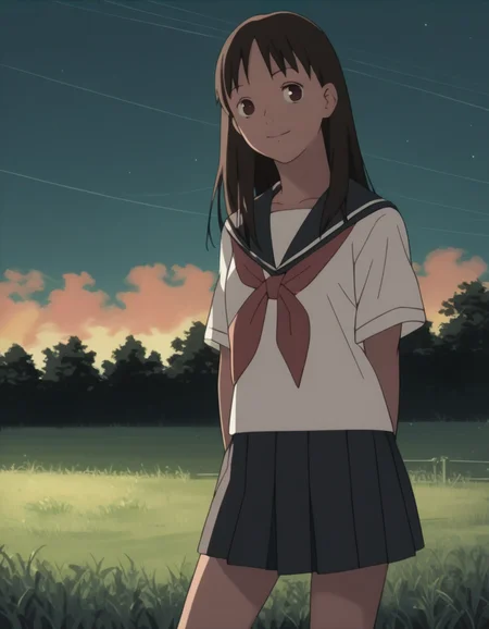 score_9, score_8_up, score_7_up, source_anime, <lora:izumi-maho-koyuki-ponyxl:1> ishiguroizumi, serafuku,
1girl, solo, cowboy shot, grass, looking at viewer, smile, night, outdoors, sky, standing