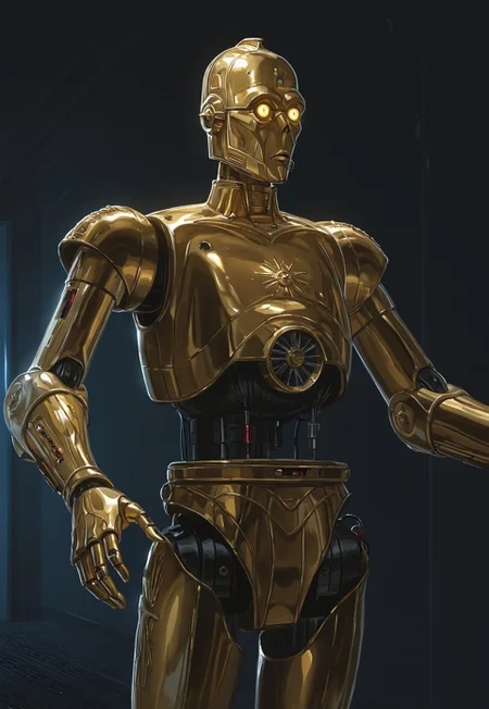 score_9, score_8_up, score_7_up, (crdhrs2), movie_still, 1boy, (c3po), android, robot male, golden metallic skin, golden glowing eyes, black midriff with wiring, solo, confused, lost, looking away, standing, arms wide, indoor, in a dark sci-fi hallway, dark background, simple background, cowboy shot, detailed lighting, masterpiece, best quality, (ultra-detailed), very aesthetic, beautifully drawn, elegantly detailed, newest, 8k, latest, backlighting, shadows, star_wars,