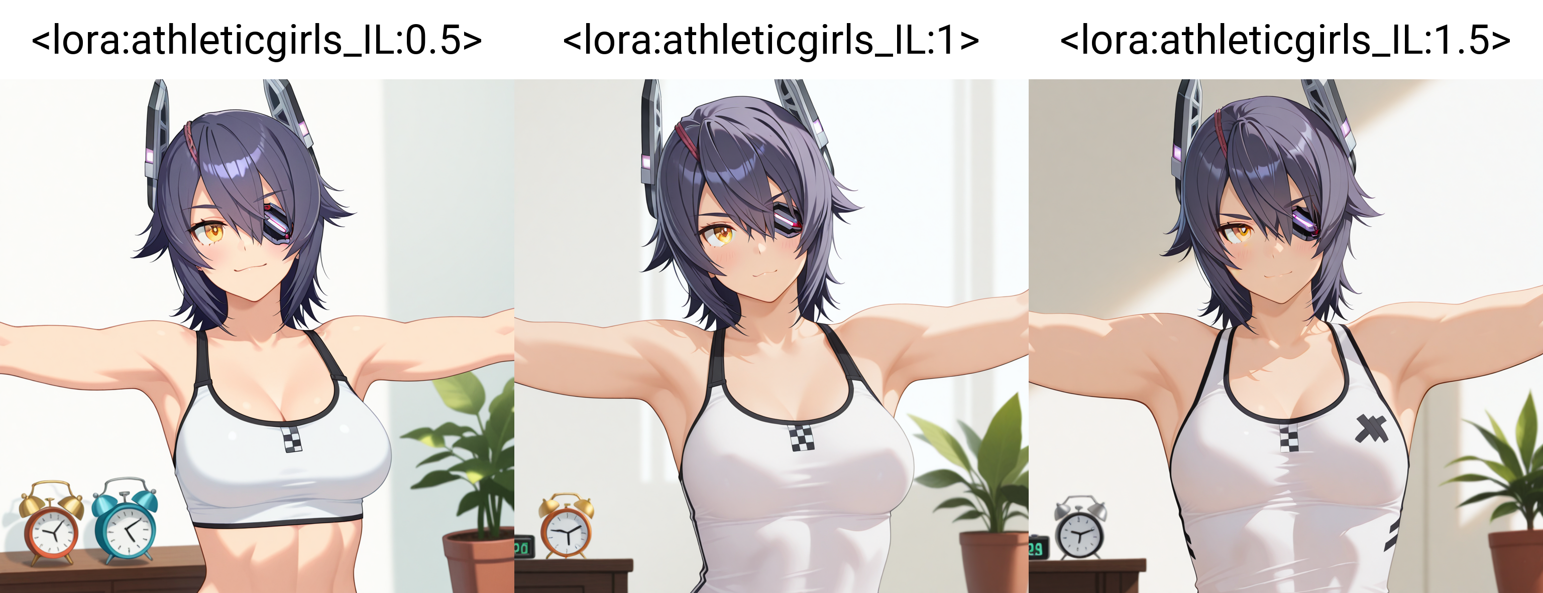 masterpiece,best quality,higres illustration,detailed face,1girl,upper body,<lora:athleticgirls_IL:0.5>,athletic girl,tank top,tenryuu \(kancolle\),potted plant,alarm clock,spread arms,
