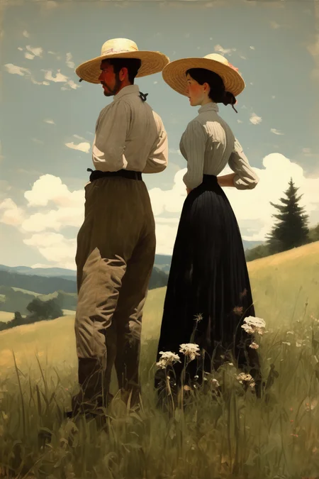 <lora:Winslow Homer Style:1>Winslow Homer Style - Adjust the image to depict two figures, a male and a female. Both should be around 1.68 meters tall with black hair. They stand in a meadow on a hillside, a sight reminiscent of a Swiss grassland. From a distance, I observe them. The woman has a straw hat on. She is my closest friend and my lover. On this day, the sky is incredibly clear and the breeze is mild.