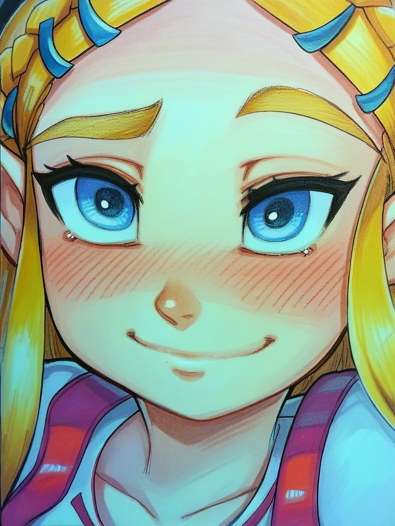 score_9, score_8_up, score_7_up, score_6_up, score_5_up, score_4_up, BREAK, source_anime, 1girl, princess zelda, the legend of zelda, blonde hair, blue eyes, simple background, warm smile, blush, marker \(medium\), traditional media  <lora:OmarDogantXL:1>