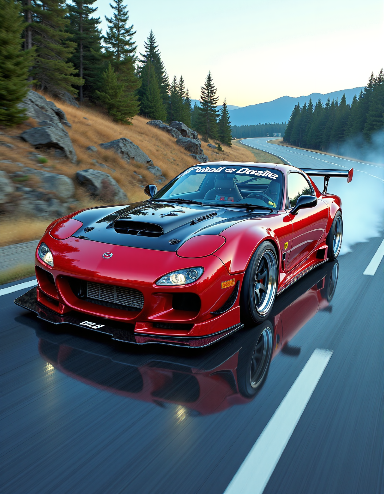 A customized Mazda RX-7 dominates the frame with its aggressive stance and vibrant colors, its turbocharged engine emitting a trail of smoke as it speeds down a winding highway, the car's sleek lines and aerodynamic bodywork accentuated by the subtle sheen of its matte black finish, while the RX-7's aftermarket wheels appear to be suspended above the pavement like metallic wings.
