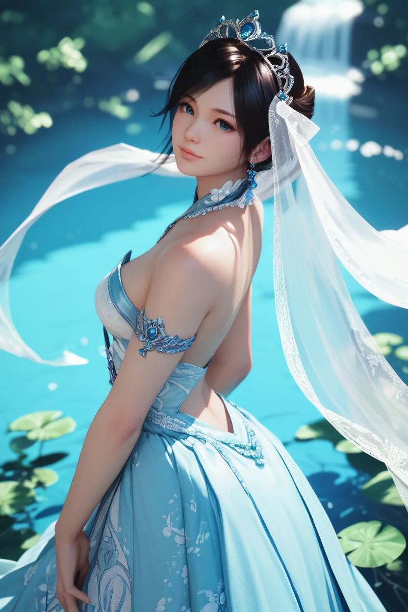 <lora:doa_kokoro:0.9> kokoro, 1girl, dress, bright colors, tiara, sexy, score_9, score_8_up, score_7_up, zPDXL3