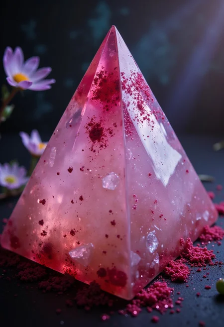 rear angle of a Soft wabi-sabi Crystal pyramid, in focus, Bugcore, Colorless and Maroon dust particles, deep rich colors, rich vivid colors, perfect symmetry, epic atmosphere, great composition, perfect composition, highly detail, surreal, enchanted, beautiful, complimentary colors, beautiful elegant