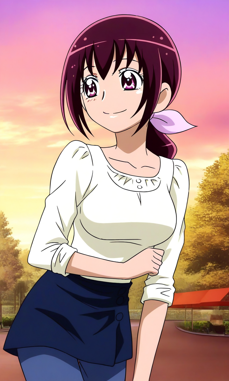 general,highres, ultra-detailed,very aesthetic,best quality ,best hands, BREAK <lora:Hoshizora_Ikuyo_Smile_Precure_IS:1>
Hoshizora_Ikuyo, 1girl, solo, large breasts, purple hair, ponytail, hair ribbon, pink ribbon, long hair, pink eyes,
 shirt, pants, blue pants,  collarbone,  long sleeves, 
smile, sleeves rolled up, 
outdoor, sky,
