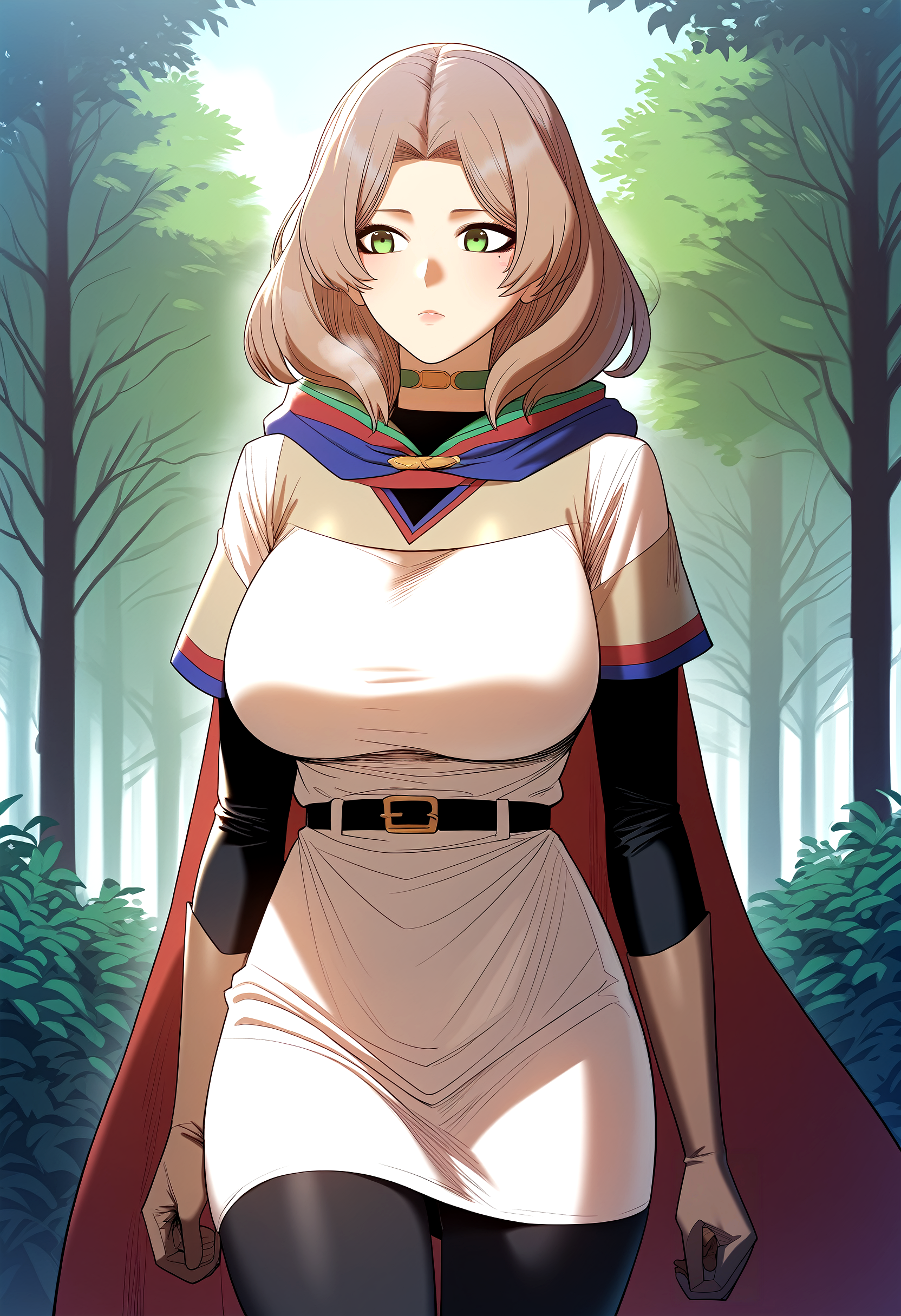 score_9, score_8_up, score_7_up, score_6_up, source_anime, rating_explicit, <lora:neg4all_bdsqlsz_V3.5:2.0>1girl, (solo:1.2), huge breasts, <lora:HongEunhaponyxl:1> brown hair, green eyes, mole under eye, medium hair, bangs, cape, white dress, short sleeves, black shirt, black long sleeves, choker, black belt, brown gloves, black pants, expressionless, Narrow shoulders, heavy breathing, steaming body, forest, outdoor, walking