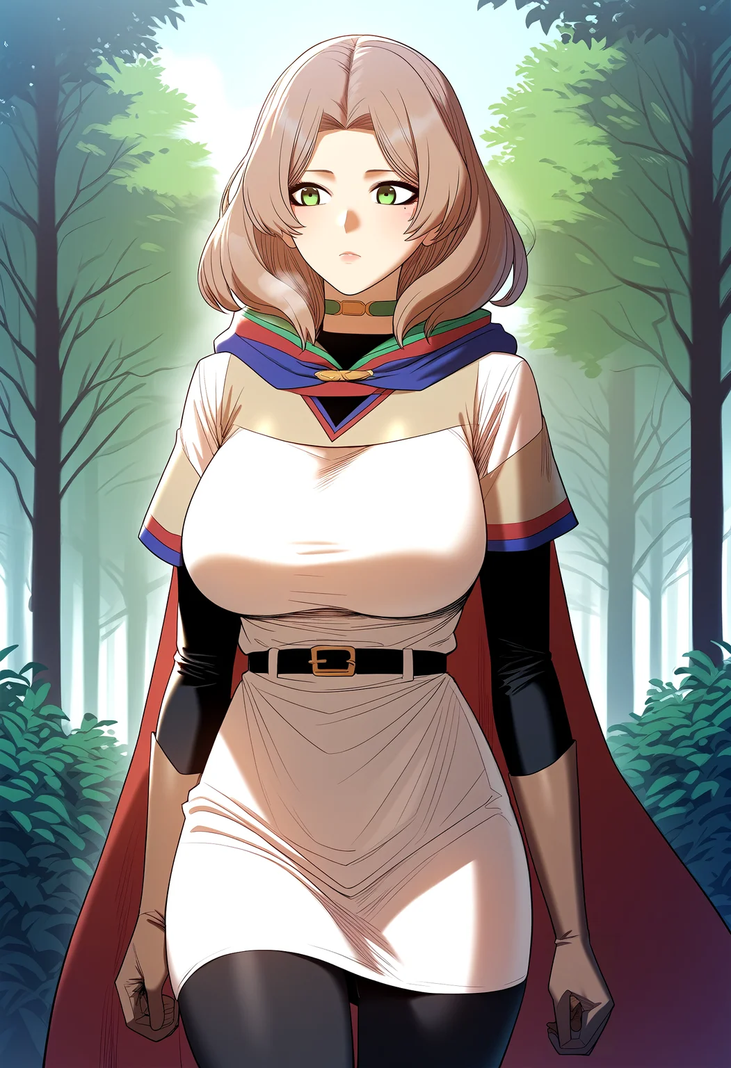 score_9, score_8_up, score_7_up, score_6_up, source_anime, rating_explicit, <lora:neg4all_bdsqlsz_V3.5:2.0>1girl, (solo:1.2), huge breasts, <lora:HongEunhaponyxl:1> brown hair, green eyes, mole under eye, medium hair, bangs, cape, white dress, short sleeves, black shirt, black long sleeves, choker, black belt, brown gloves, black pants, expressionless, Narrow shoulders, heavy breathing, steaming body, forest, outdoor, walking