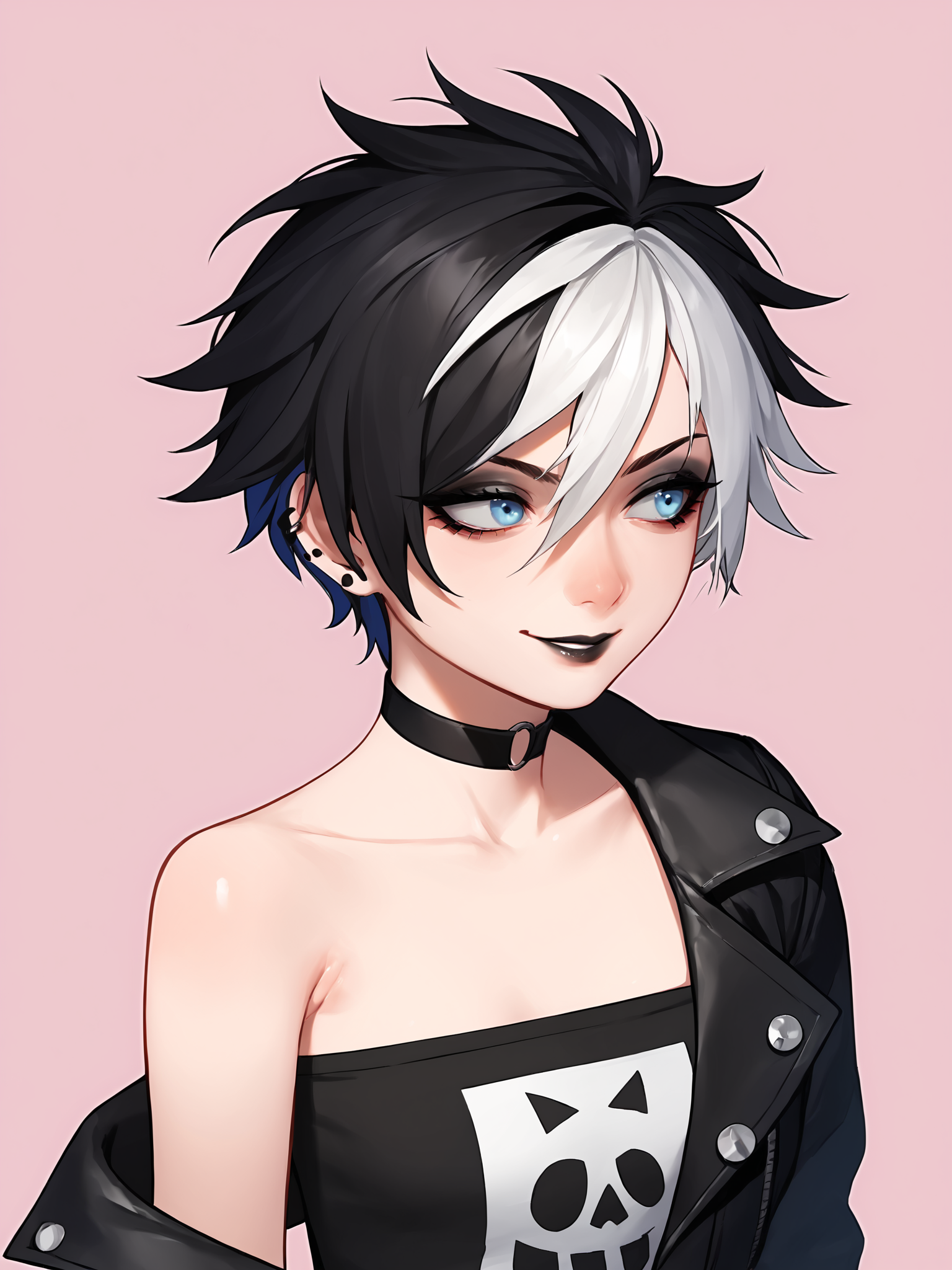 score_9, score_8_up, score_7_up, score_6_up, score_5_up, score_4_up, rating_safe,
BREAK
girl with black hair, short hair, messy hair, tomboy, light blue eyes, black eyeshadow, multicolored hair, streaked hair, white hair, black lips, looking away, adult, mature, seductive smile,
BREAK
solo, portrait, close-up, black tube top, punk, black punk jacket, black choker, small breasts, strapless,
BREAK
pink background, <lora:Lunas-Beeeeen-SDXL-A1:1>
