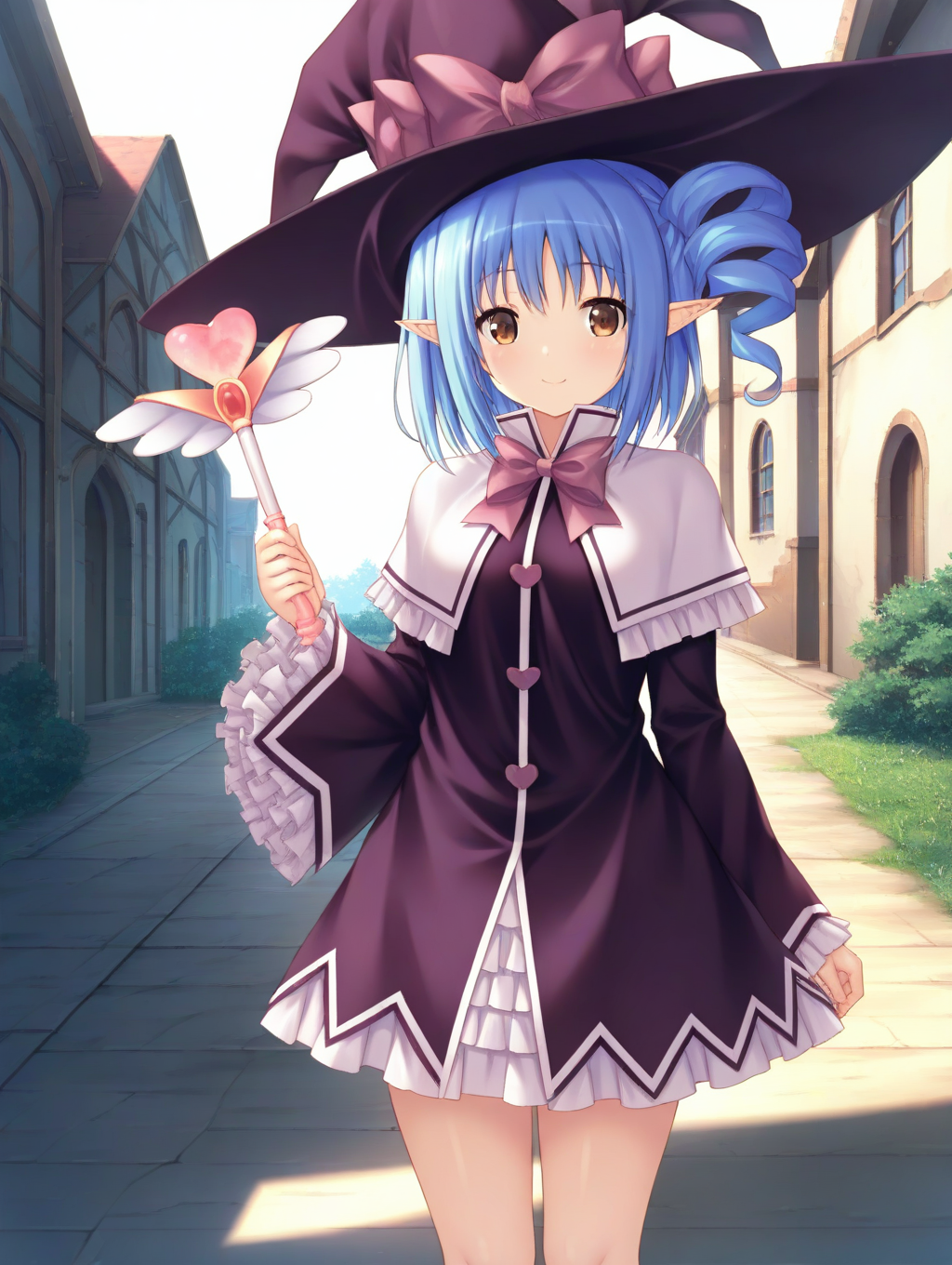 masterpiece,best quality,amazing quality,very aesthetic,absurdres,newest,scenery,<lora:Aria Aliialia_ilxl_v1-000010:1>,1girl,solo,hat,wand,blue hair,pointy ears,witch hat,smile,frills,dress,holding wand,ribbon,bow,holding,brown eyes,capelet,drill hair,aria aliialia,standing,looking at viewer,