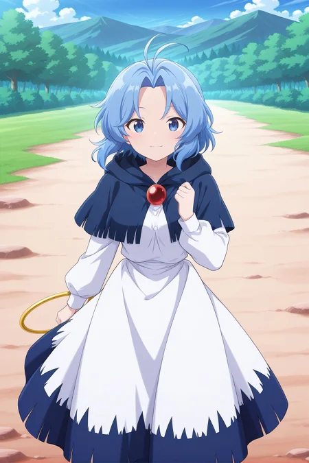 absurdres, highres, masterpiece, best quality, amazing quality, official anime artwork, screencap, anime screencap, outdoors, looking at viewer, light smile, dynamic pose, standing,
 <lora:Ichirin-Kumoi_Illustrious:1> kumoi ichirin, 1girl, solo, blue eyes, blue hair, short hair, antenna hair,, blue capelet, hooded capelet, hood down, white dress, long sleeves, hoop,