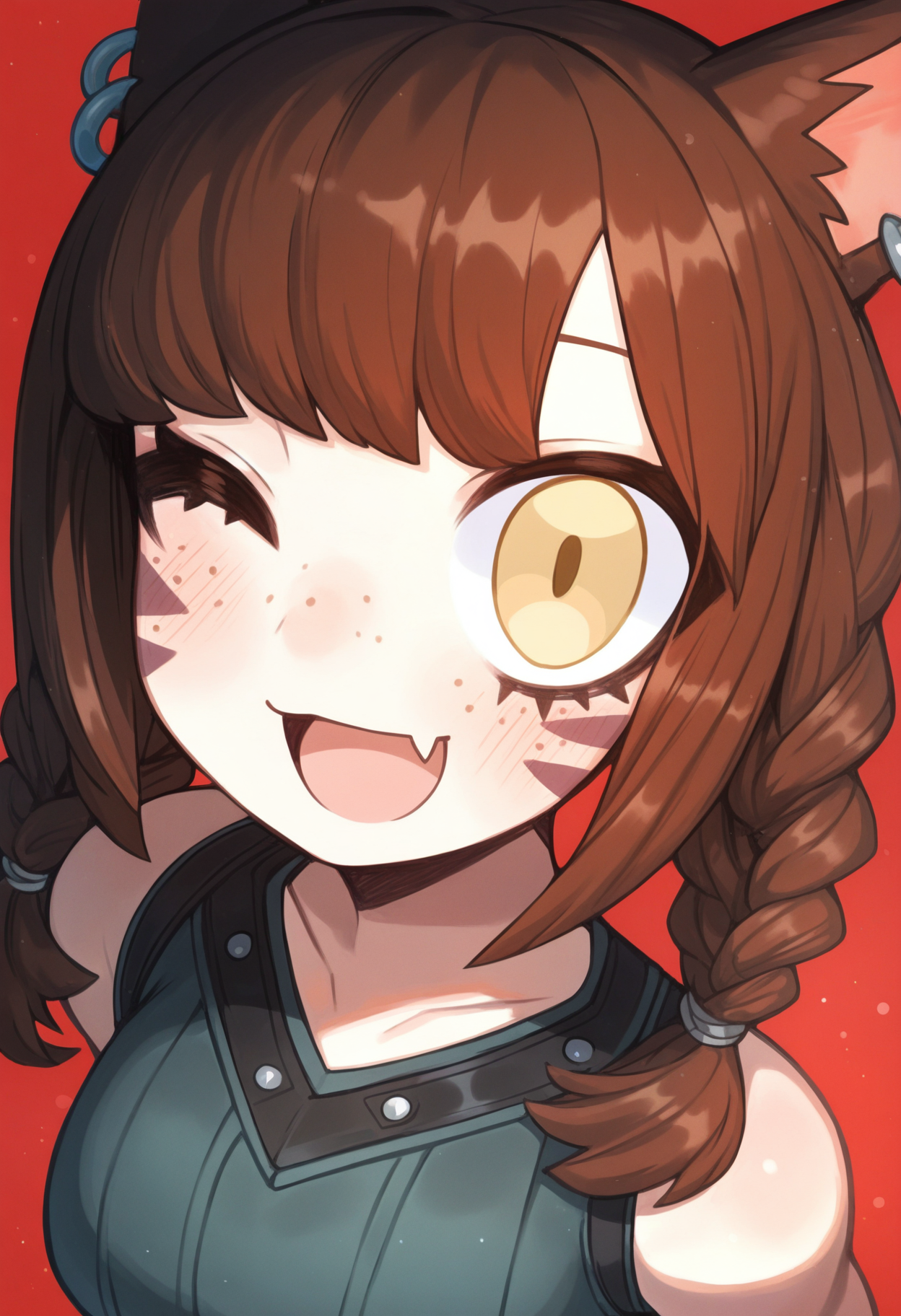 masterpiece,best quality,amazing quality,
1girl, solo, one eye closed, miqo'te, animal ears, braid, fang, facial mark, smile, red background, twin braids, brown hair, cat ears, open mouth, upper body, looking at viewer, bangs, whisker markings, ;d, simple background, freckles, jewelry, earrings, brown eyes, skin fang, piercing, yellow eyes, breasts,
 <lora:Ankoku:1>