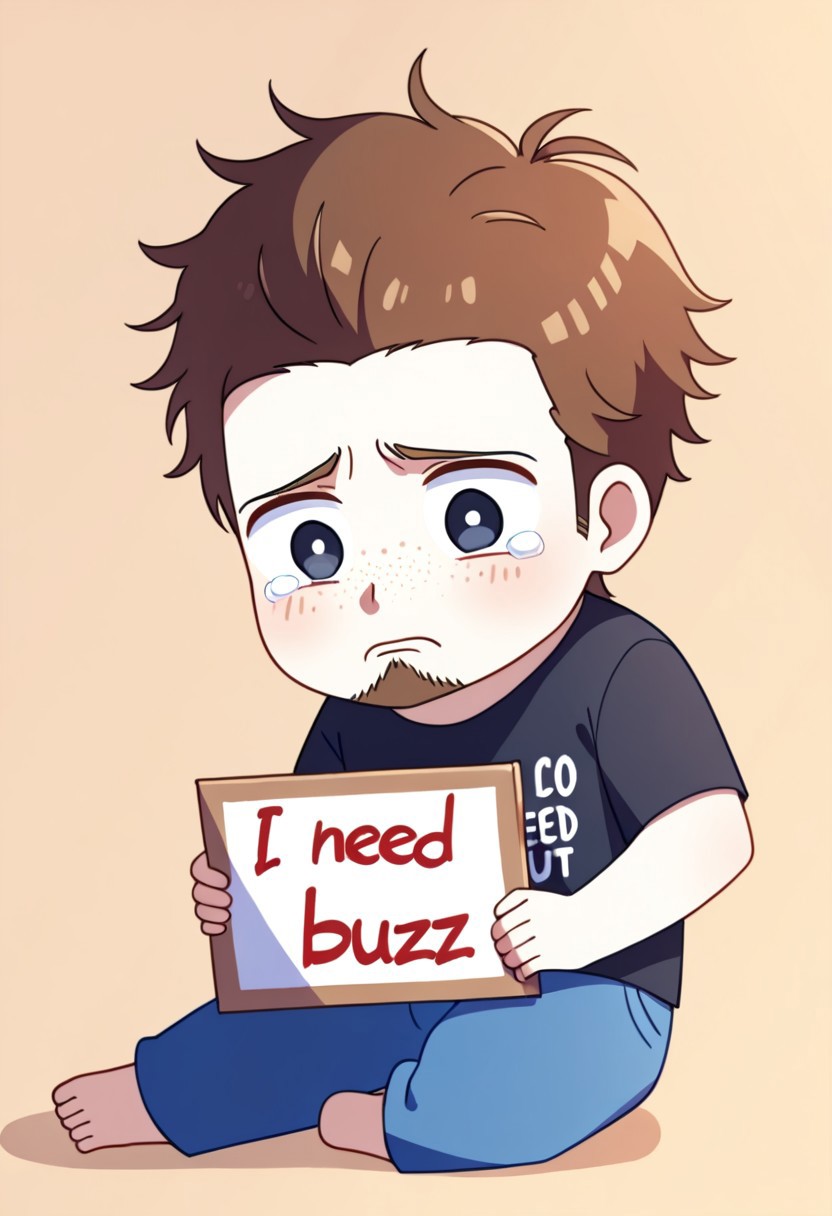 1boy, solo, white skin, freckles, brown hair, messy hair, facial hair, stubble, black t-shirt, blue pants, big eyes, cute, tears, black eyes, dilated pupils, English text, Holding a sign that reads the text: "I need Buzz", handwritten text,