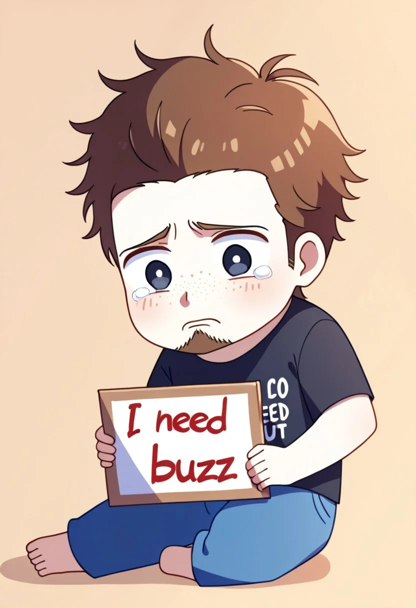 1boy, solo, white skin, freckles, brown hair, messy hair, facial hair, stubble, black t-shirt, blue pants, big eyes, cute, tears, black eyes, dilated pupils, English text, Holding a sign that reads the text: "I need Buzz", handwritten text,