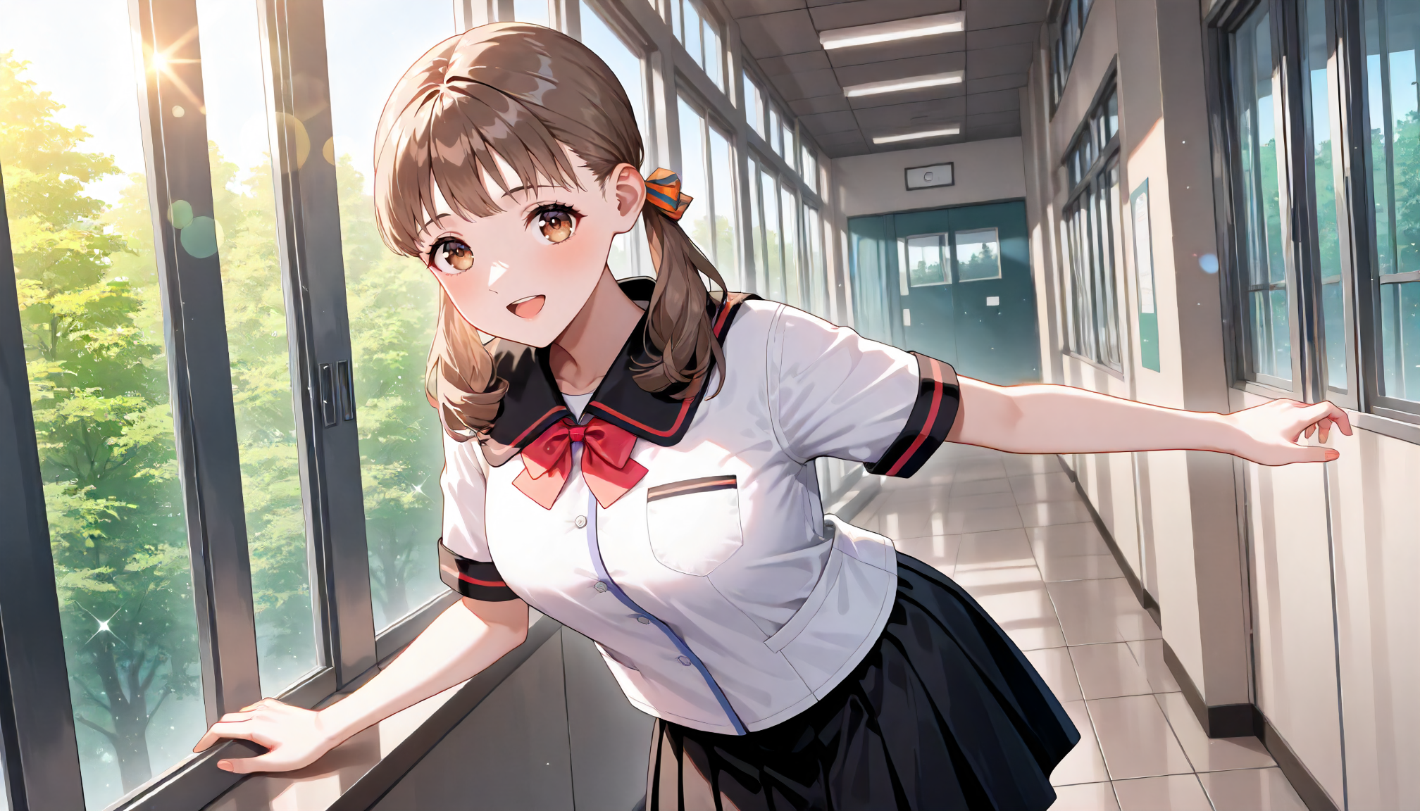 <lora:YS_AyanaFujisawaXLIllustrious005>,
masterpiece,best quality,good quality,newest,
detailed background,school,window_,nature,lens_flare,glitter,
smile,open mouth,
looking at viewer,
solo,
AyanaFujisawa,1girl,brown hair,low twintails,brown eyes,
black sailor color,white shirt,short_sleeves,bowtie,
pleated_skirt,black skirt,
standing,