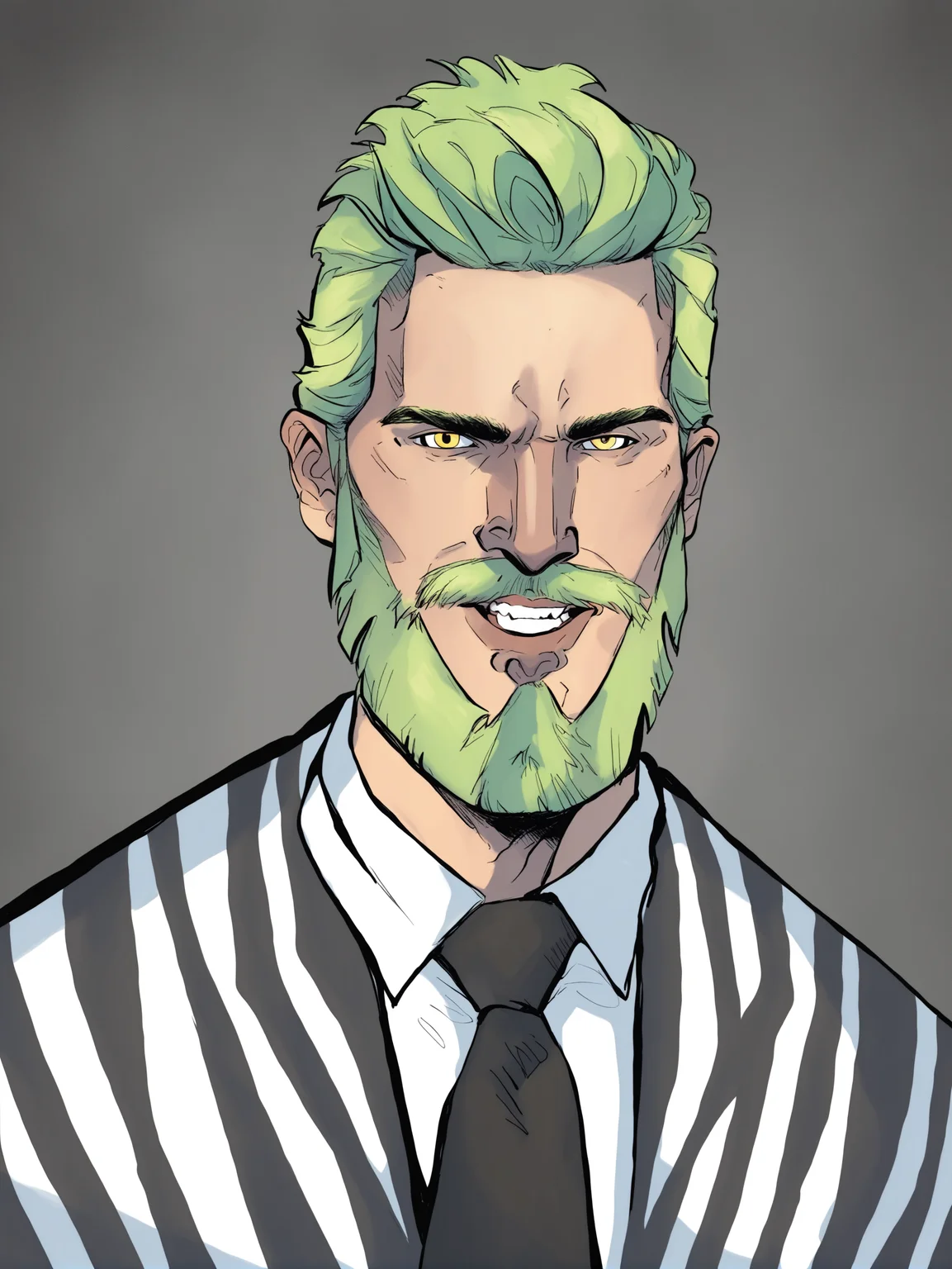 Duskfallcrew Art Style, masterpiece, official art, best quality, Alex Brightman as Beetlejuice, 1boy, male focus, solo, yellow eyes, green hair, ombre hair, beard, mustache, facial hair, black and white striped jacket, black jacket, striped jacket, white shirt, collared shirt, shirt, poltergeist vibes, prison clothes, necktie, upper teeth only, grimace, frustrated look, score_9_up, score_8_up, score_7_up, score_6_up, source_cartoon , <lora:dskartponyxl:0.8>