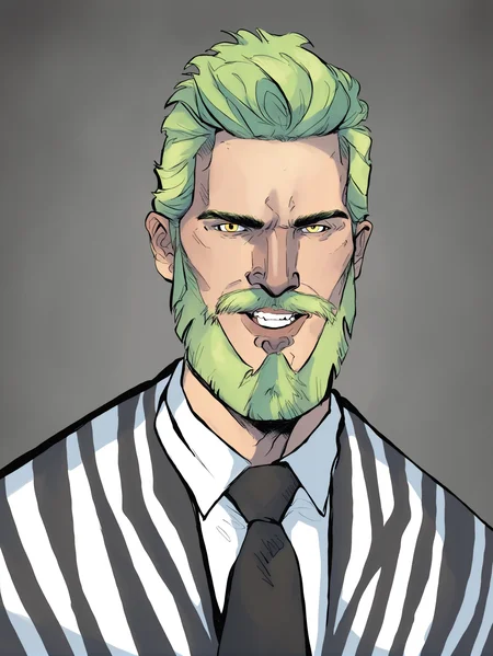 Duskfallcrew Art Style, masterpiece, official art, best quality, Alex Brightman as Beetlejuice, 1boy, male focus, solo, yellow eyes, green hair, ombre hair, beard, mustache, facial hair, black and white striped jacket, black jacket, striped jacket, white shirt, collared shirt, shirt, poltergeist vibes, prison clothes, necktie, upper teeth only, grimace, frustrated look, score_9_up, score_8_up, score_7_up, score_6_up, source_cartoon , <lora:dskartponyxl:0.8>