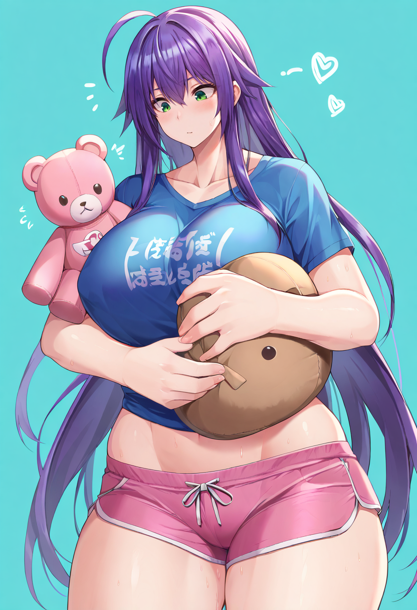 score_9, score_7_up,  1girl, 
huge breasts, wide hips, thick thighs, shirt, :3, holding stuffed toy, holding, very long hair, t-shirt, shorts, heart, looking down, blush, thighs, solo, green eyes, ahoge, light blue background, pink shorts, standing, curvy, stuffed toy, straight hair, purple hair, collarbone, sweatdrop, hugging object, long hair, breasts, hair between eyes, blue shirt, cowboy shot, short sleeves, clothes writing
 <lora:ruton-niki-Style-PonyXL-GLoRA:1>