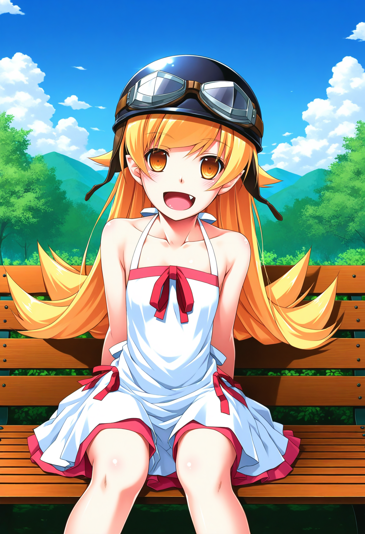 1girl, solo, looking at viewer, park bench, outdoors, sitting, smile, cowboy shot, oshino shinobu, open mouth, long blonde hair, 
dress, bare shoulders, yellow eyes, fang, black helmet, goggles on helmet,
BREAK outdoors, park bench, sky, day, cloud, shinobu_angyadoh <lora:shinobu_angyadoh_IL:0.8>
