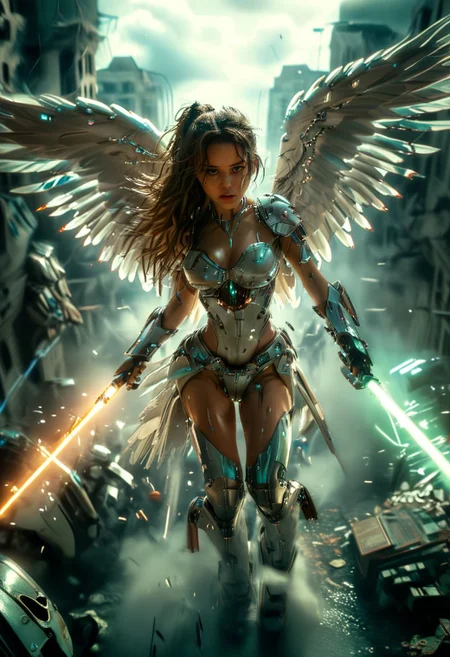 raw photo, Photorealistic, cute cyberpunk futuristic brunette angel, Belle, spread mech wings, adorned with glowing futuristic jewelry on her ivory glossy armor, flying quickly among ruined buildings, apocalyptic sky, busty, armor cleavage, holding a lightsaber, falling in the air amidst buildings