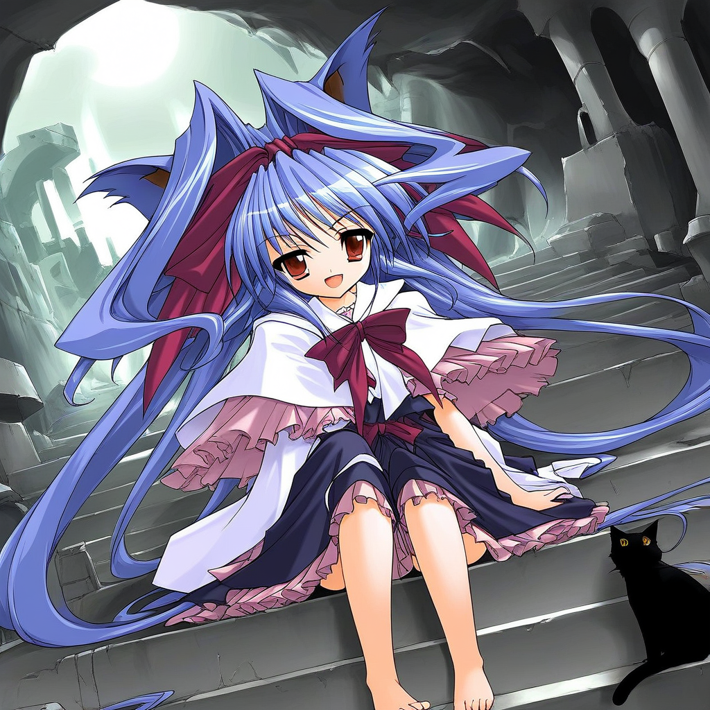 score_9, score_8_up, score_7_up, source_anime, rating_explicit, BREAK  <lora:Shion_mahjong_XL:1> Shion_mahjong, very long hair, blue hair, hair bow, hair intakes, brown eyes,  short stack,
cat, solo, barefoot, sitting, stairs, dress, black cat, purple hair, capelet,  red eyes, hair ribbon, bow, smile, open mouth,
ruins, cave,