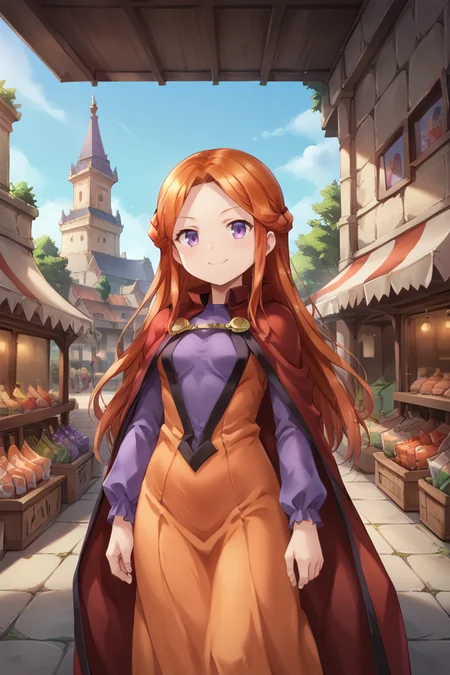 score_9, score_8_up, score_7_up, score_6_up, source_anime, BREAK,<lora:Eudy:0.8> , eudef, 1girl, purple eyes, orange hair, long hair, (pince-nez), orange dress, shirt under dress, purple shirt, red cape, cowboy shot, (looking at viewer), smile, closed mouth, scenery, exterior, outdoors, market, temple, magic academy, spires, towers,  <lora:backgroundsetXL:0.4> , background,  <lora:BTDXL:0.7>