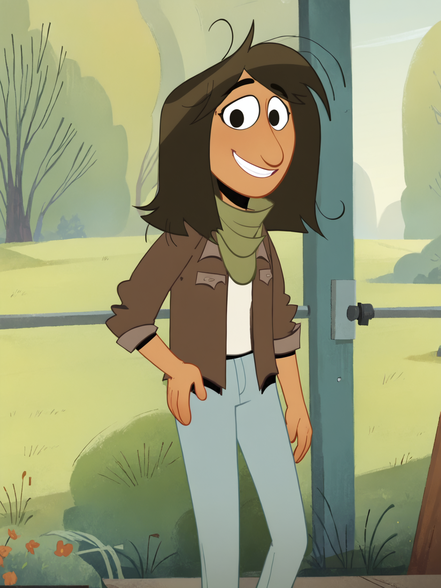 <lora:LeahPony1.0:1> leah, solo, brown hair, 1girl, long hair, black eyes, smile, brown jacket, green scarf, white shirt, jeans, smile, outdoors, looking at viewer, hand on own hip,breasts, score_9, score_8_up, score_7_up, score_6_up, score_5_up, score_4_up