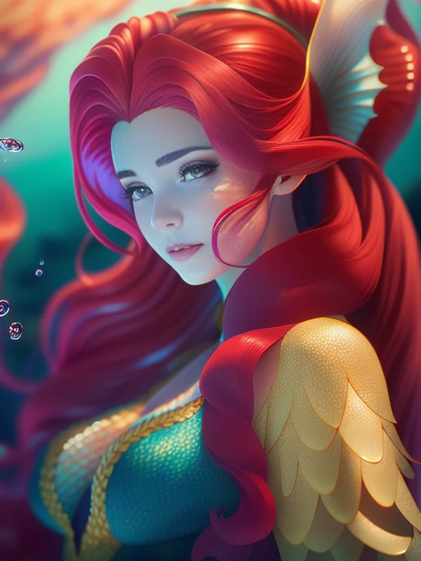 little mermaid, red hair, long hair, mermaid, mermaid tail, underwater, masterpiece, detailed, portrait, octane render, highly detailed