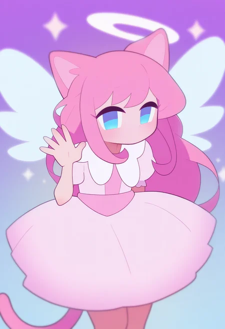 best quality, amazing quality, very aesthetic, absurdres,
BREAK
1girl, angel wings, animal ears, blue eyes, cat ears, cat girl, cat tail, dress, long hair,
looking at viewer, magical girl, pink hair, pink theme, solo, tail, waving, wings, yume kawaii, yume ne, <lora:FlipherrNoobLocon_byKonan:1>