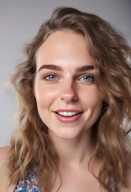 30yo american woman in a photostudio
Modeling High cut, high Quality Dress.
Slight makeup, heavy rimmel. Clear skin.  realistic skin style
Long messy stylish hair. 
Shooting light, indors, cable light
Studio background.
Winking, lip bite. Smiling. \(biting on own lips\)
Bokeh. Heavy Bokeh light.
