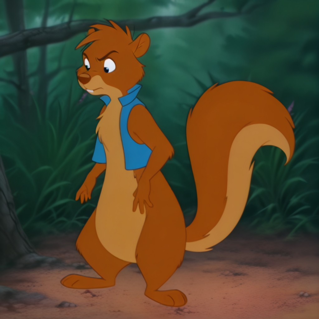masterpiece, best quality, amazing quality, waggsouafIL, semi-anthro, male, squirrel, brown fur, black eyes, blue vest tail, standing, in forest, full body, solo, 1boy, <lora:28515138-9d3b-4e07-88b1-5f4266d198fb:1.0>