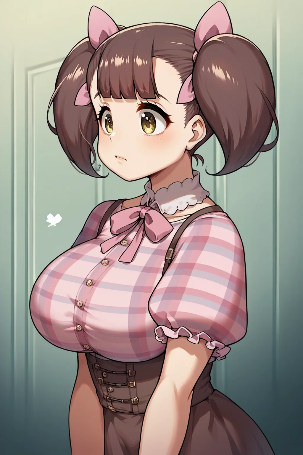 score_9, score_8_up, score_7_up, 1girl, natalie, brown hair, big breasts, pink ribbon, twin tails, brown eyes, yellow eyes, pink squared blouse, <lora:School_of_Lust_Natalie:0.8>
