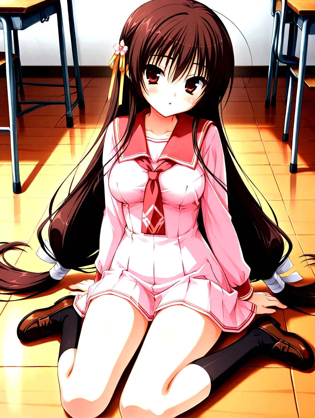 <lora:sakuyahime-tenshin-000009:1>,il-unohana-sakuya,1girl,schoolkamiseara,brown hair,red eyes,school uniform,pink serafuku,solo,red sailor collar,hair_tip tied cloths,red thin neck_ribbon,very long hair,sakura yellow hair_ribbon,black socks,pleated skirt,brown loafers,
nsfw,explicit,<lora:add-detail-xl:1>,<lora:ponyv4_noob1_2_adamW-000017:0.8>,wear clothes,
