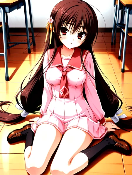 <lora:sakuyahime-tenshin-000009:1>,il-unohana-sakuya,1girl,schoolkamiseara,brown hair,red eyes,school uniform,pink serafuku,solo,red sailor collar,hair_tip tied cloths,red thin neck_ribbon,very long hair,sakura yellow hair_ribbon,black socks,pleated skirt,brown loafers,
nsfw,explicit,<lora:add-detail-xl:1>,<lora:ponyv4_noob1_2_adamW-000017:0.8>,wear clothes,