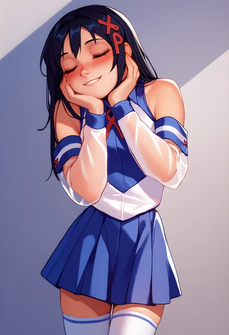 score_7_up, score_6_up, solo, 1girl, xp-tan, blush, smile, standing, hands on own cheeks, black hair, x hair ornament, closed eyes, sleeveless shirt, detached sleeves, see-through, blue skirt, white thighhighs, bare shoulders
<segment:yolo-face_yolov8m.pt,0.4,0.5//cid=1>