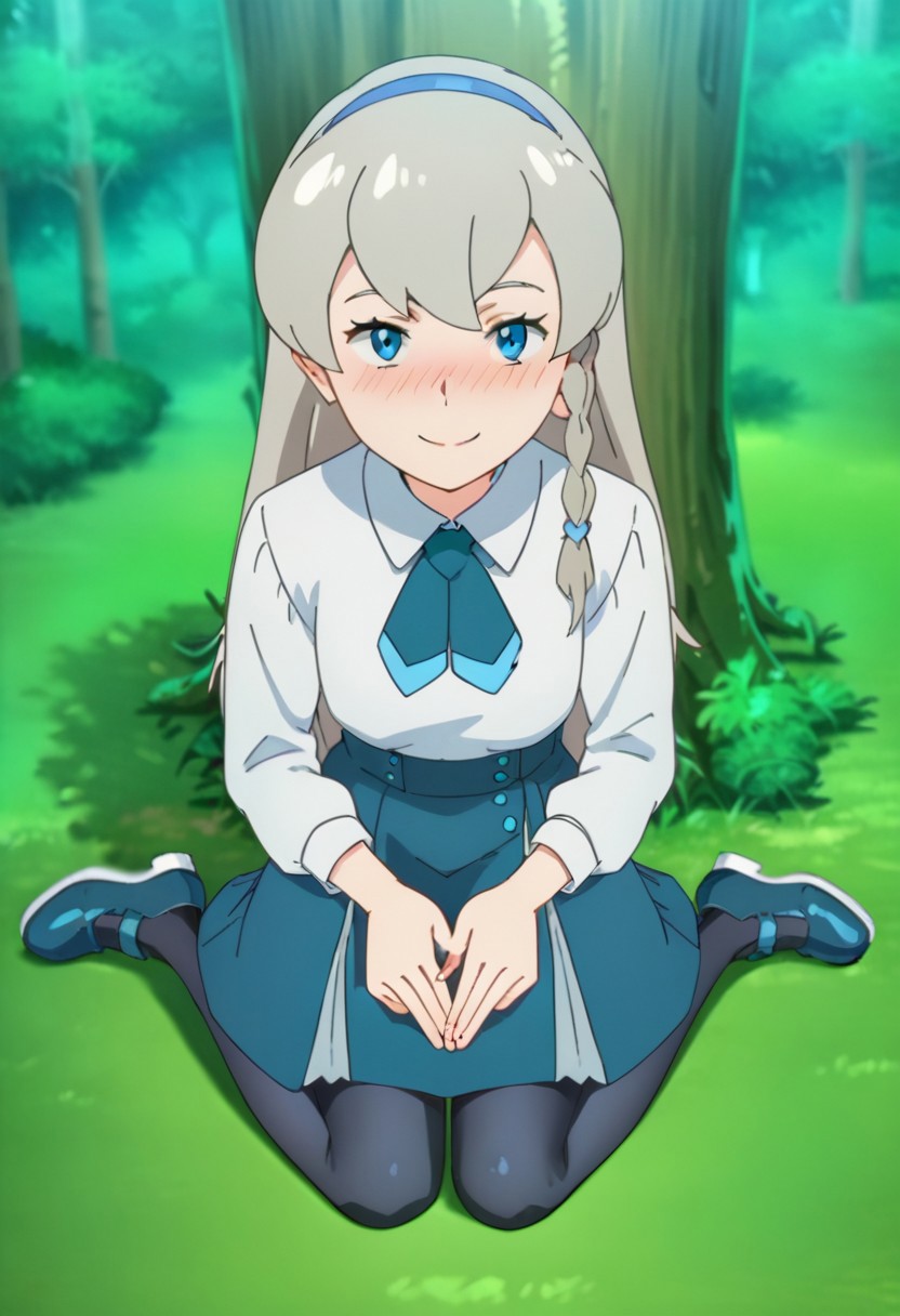 score_9, score_8, score_7_up, source_anime, anime_coloring, anime_screenshot, highres, rating_quesitionable
PKMNRegina, 1girl, long hair, grey hair, bangs, braid, side braid, single braid, hairband, blue hairband, blue eyes, white shirt, collared shirt, school uniform, necktie, blue necktie, long sleeves, skirt, blue skirt, pantyhose, shoes, blue footwear,
solo, sitting, above view, peace sign, seductive smile, looking at viewer, naughty face, nose blush, forest, tree