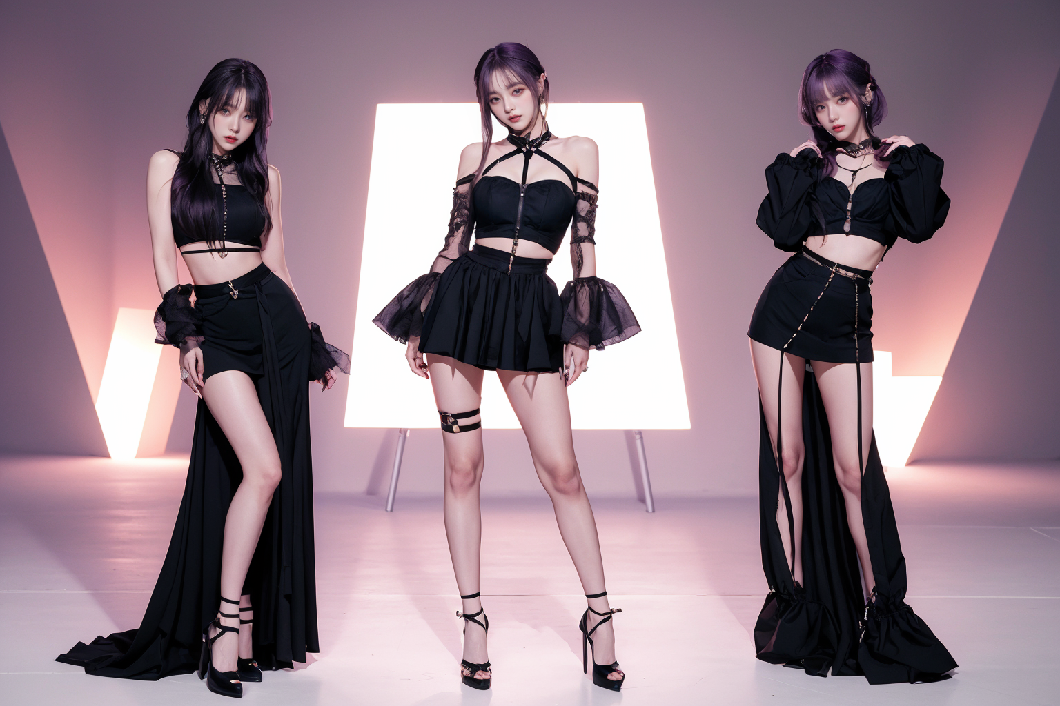 (masterpiece, best quality, 8k, RAW photo, beautiful and aesthetic:1.2),
((woman:1.5)), full body, kpop girl group, purple hair,
 <lora:kpopi:1> kpopi,