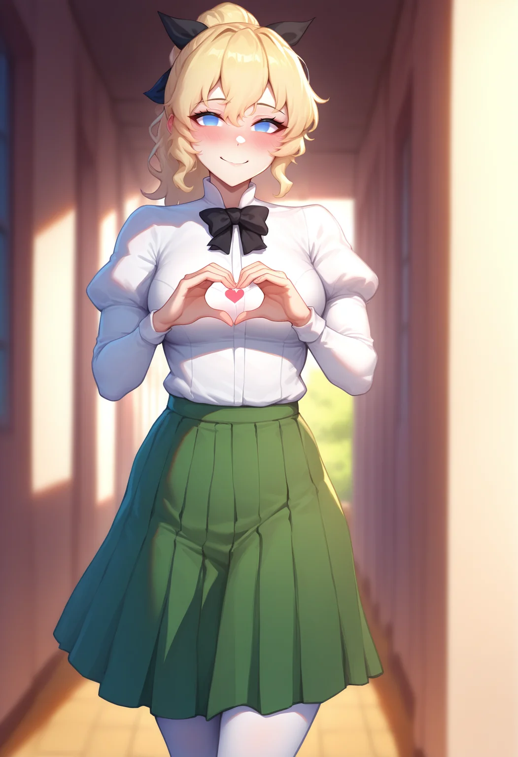 masterpiece, best quality, newest, absurdres, highres, 1girl, solo, <lora:NSLillyKatawa:1> NSLillyBase, blue eyes, blind, no pupils, blonde hair, long hair, ponytail, black ribbon, hair ribbon, black bowtie, white collared shirt, puffy sleeves, long sleeves, green skirt, pleated skirt, white leggings, looking at the viewer, heart hands, blush, outdoors, school, smile, happy