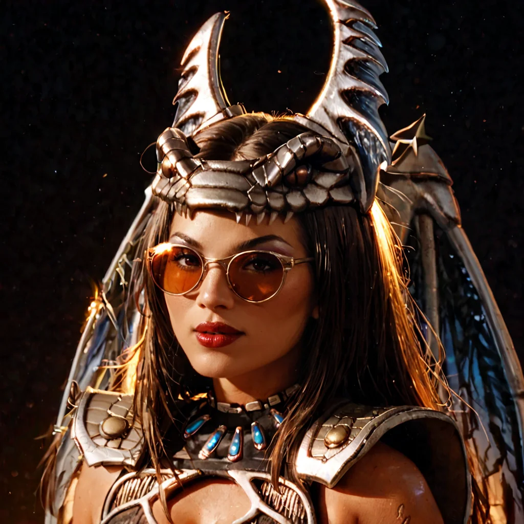 score_9, score_8_up, score_7_up, score_6_up, score_5_up, solo, 1girl, Vypra evil sexy winged female lady , ((winged)) hair, amber colour eyes,tribal tattoo all over body, golden shiny metal , wearing round sunglasses, gorgeous girl, Kawai girl, perfect lighting , dark background, (intricate detail), dynamic lighting, dynamic angle, good contrast lighting<lora:VYPRAPONY:1.25>