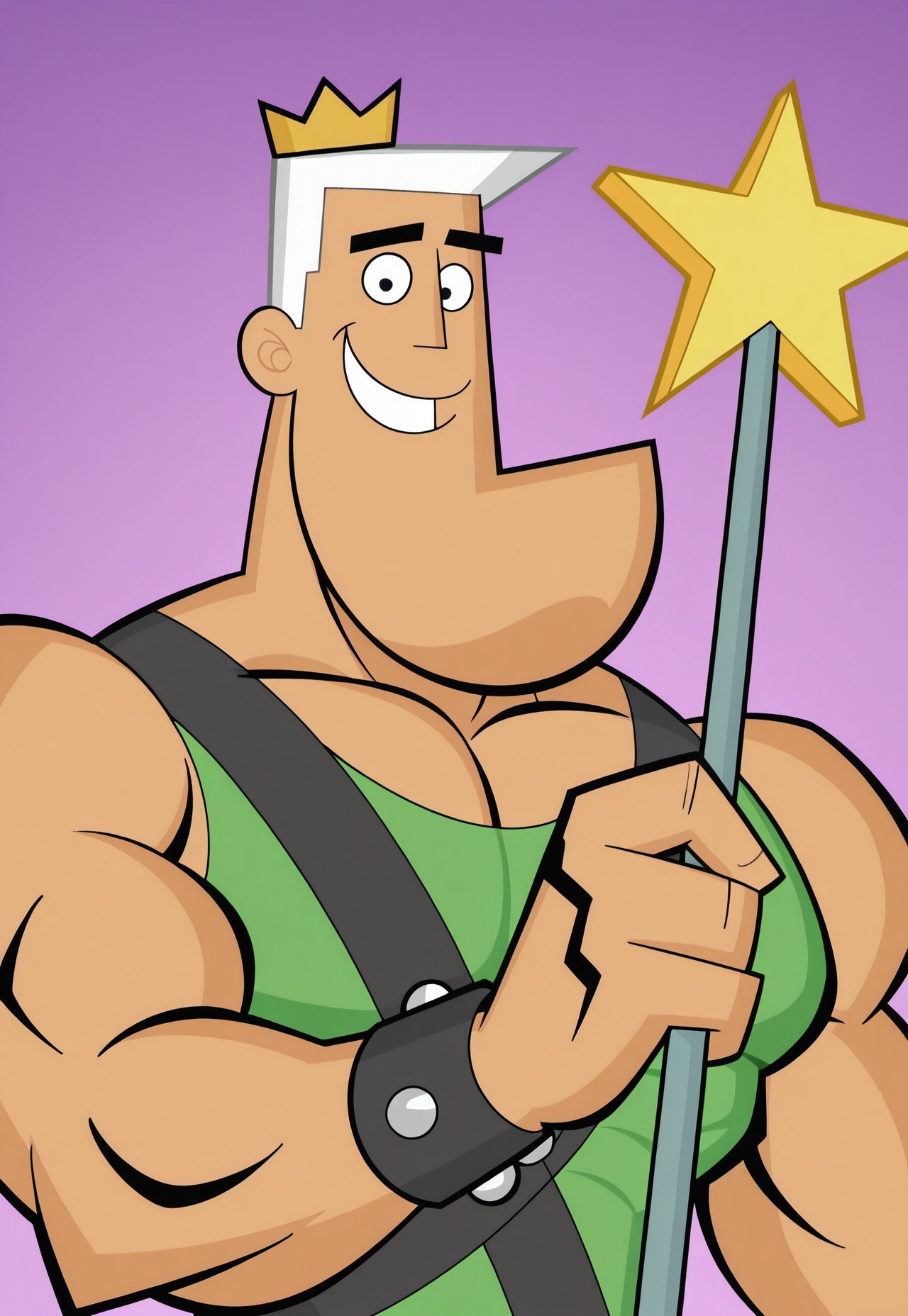 solo, masterpiece, modern, new, 1boy, male, masculine face, daddy looking face,

FOPJorgen, white hair, crown, muscular male, tank top, bracelet, star wand, looking at viewer, smiling, headshot