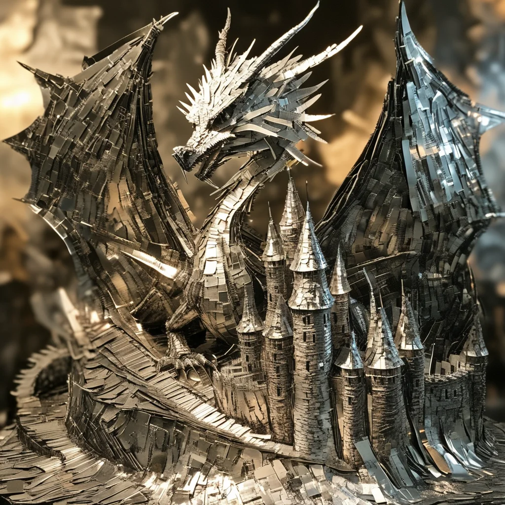 franglamex professional photo dragon and castle made of metal, high details and very detailed, cinematic, professional light<lora:franglamex:1>