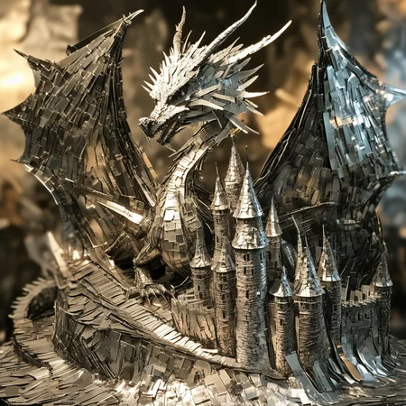 franglamex professional photo dragon and castle made of metal, high details and very detailed, cinematic, professional light<lora:franglamex:1>